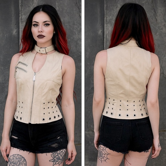 BLANC NOIR Sample Peek A Boo Leather Studded Grommet Vest Pockets Bone White S - Picture 2 of 13